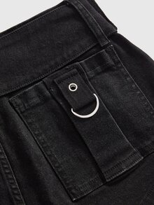 ROMWE Grunge Punk Music Festival Punk Metal Skull Rivet Ultra Low Waist High Stretch Skinny Plus Size Denim Shorts - Black - View 5