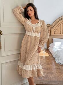 DAZY Women's Sweet Floral Lace Patchwork Nightgown - Apricot - View 5
