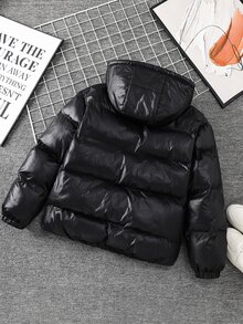 SHEIN 青少年男孩休閒舒適百搭厚款連帽外套，適合冬季穿著 - 黑色 - 查看 7