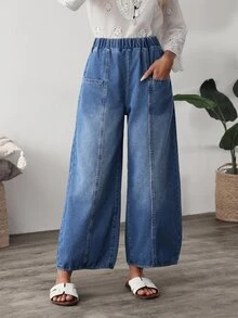 SHEIN Tall Women's Elastic Waist Pocket Casual Everyday Denim Jeans - Blue - View 6