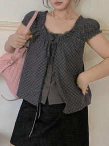 Dazy Plus Square Neck Pleated Puff Short Sleeve Grey Plaid Tie Waist Sweet Style Blouse - Dark Grey - View 1