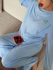 Dazy Plus 3pcs Striped Loose Long Sleeve Top & Pants Loungewear Set, Spring/Autumn New Pajama Set - Blue - View 5