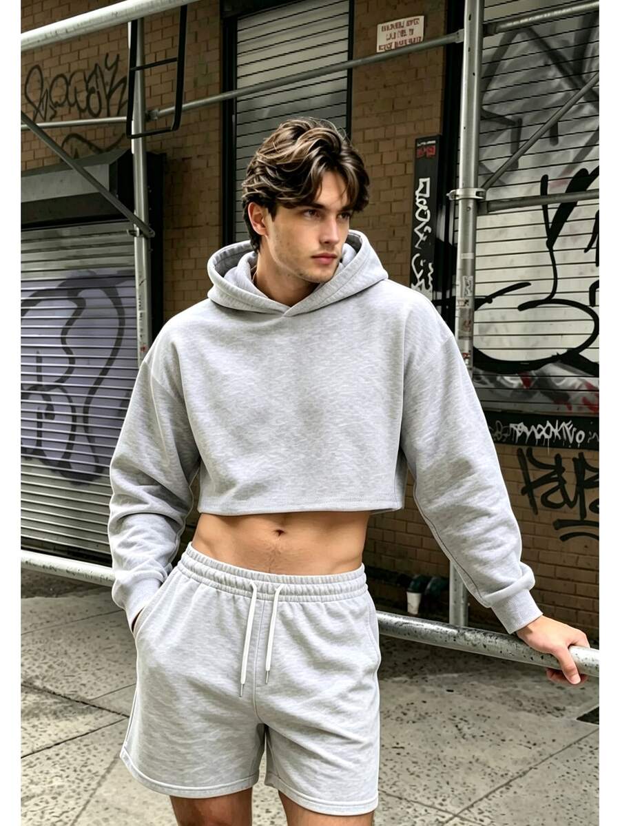 Manfinity Dauomo Men's Long Sleeve Drawstring Hooded Cropped Sweatshirt And Shorts Casual Set - Grey - View 1