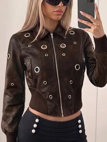 SHEIN ICON Women's Streetwear Gothic Punk Brown Fitted Zip Up Eyelet Moto Biker Eyelet Design Long Sleeve Zip-Up Jacket Fall Winter - Brown - View 1