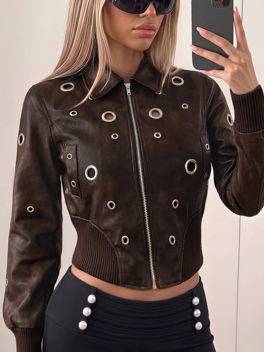 SHEIN ICON Women's Streetwear Gothic Punk Brown Fitted Zip Up Eyelet Moto Biker Eyelet Design Long Sleeve Zip-Up Jacket Fall Winter - Brown - View 1