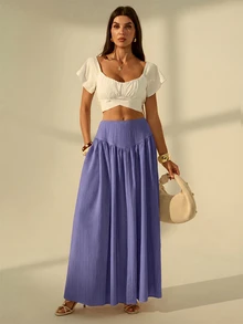SHEIN Tall 女款純色百褶長款休閒裙 - 紫色 - 查看 7
