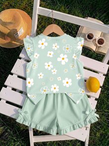 Light Gray-Green, Baby Girl Casual Fashion Cute Sweet Fresh Pastoral Floral Small Flower Pattern Cute Flutter Sleeve Round Neck Top Suitable For Spring And Summer - Multicolor - View 2
