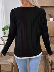 INAWLY Women's Colorblock V-Neck Long Sleeve Ribbed Casual T-Shirt - Black - View 2
