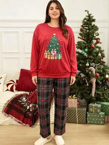 Doze Lane Plus Size Women's Casual Knit Christmas Home Wear Pajama Set - Red - View 3