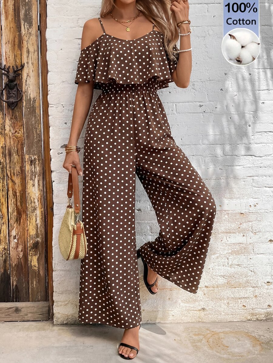 SHEIN Clasi Women's Polka Dot Cold Shoulder Fashion Jumpsuit For Vacation - Coffee Brown - View 1