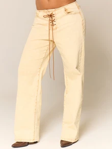 MUSERA Cream Denim Low Rise Lace Up Straight Leg Jeans Autumn Winter Night Out Everyday Back To School - Beige - View 2