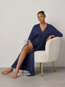 Ocili Women's Solid Color 3/4 Sleeve Comfortable Smooth Rayon Loungewear Robe - Royal Blue - View 2