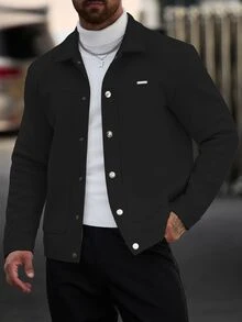 Manfinity CasualCool 男士素色休閒街頭風長袖外套，秋季黑色鈕扣外套，適合度假派對 - 黑色 - 查看 3