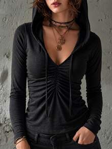 LUMIGAL Fall Clothes For Women Black Hooded Deep V Neck Drawstring Ruched Front Slim Long Sleeve Top - Black - View 1