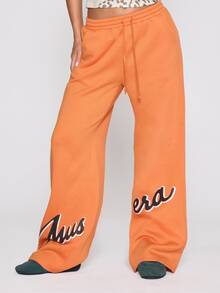 MUSERA Elasticated Drawstring Waist Graphic Logo Wide Leg Jogger Autumn Winter Fall Coolgirl Holiday Everyday Roadside Renegade - Orange - View 2