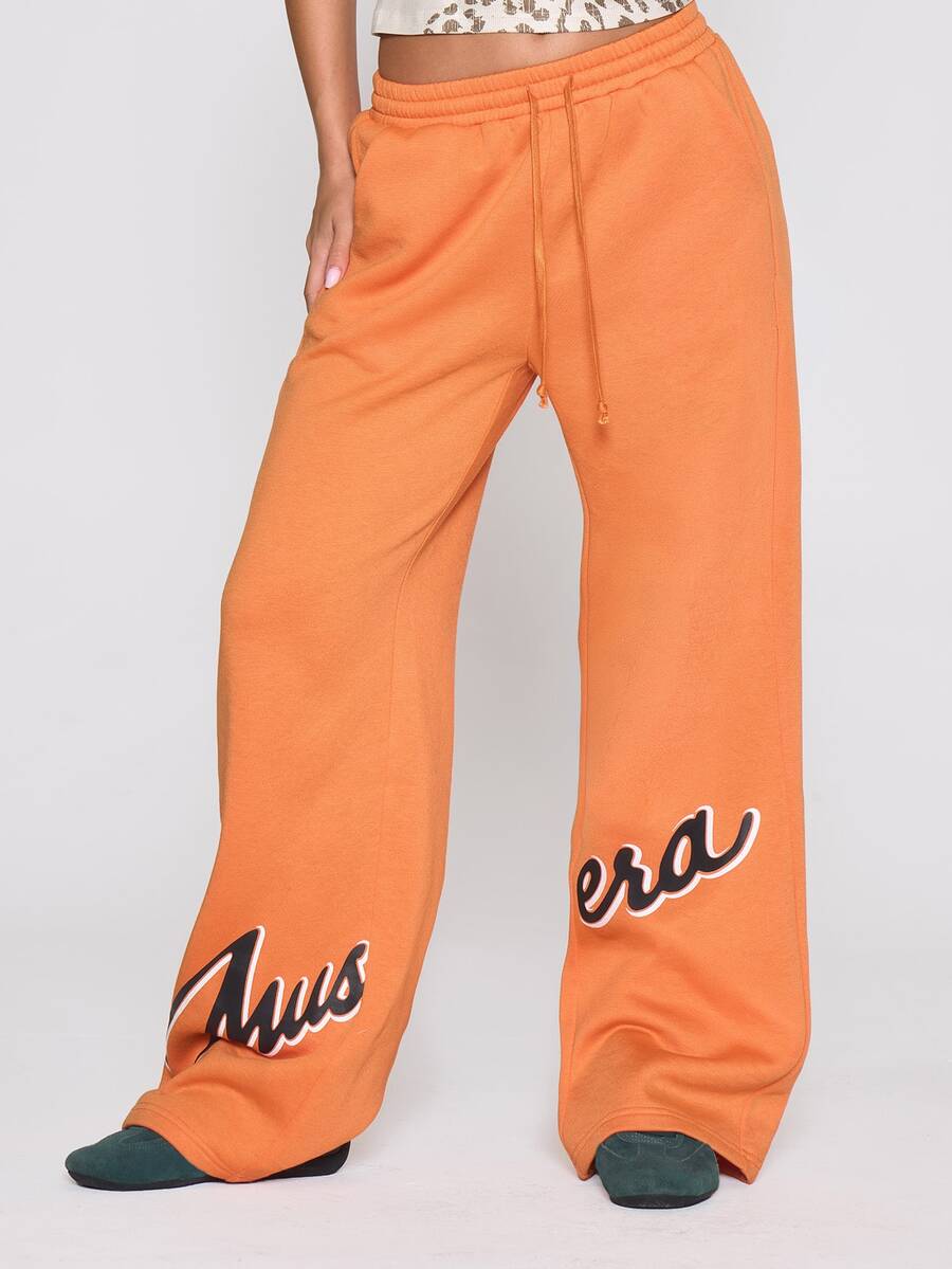 MUSERA Elasticated Drawstring Waist Graphic Logo Wide Leg Jogger Autumn Winter Fall Coolgirl Holiday Everyday Roadside Renegade - Orange - View 1