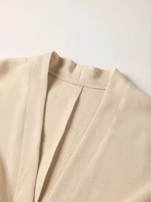 Linhara CURVE Plus Size Faux Cotton Textured Fabric Ruffle Sleeve Long Sleeve Open Front Kimono Cardigan + Simple Camisole Top + Elastic Waist Loose Straight Leg Pants 3-Piece Set Casual Outing Date Party Daily Commute Outfit - Apricot - View 10