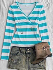Teen Girls V-Neck Long Sleeve Casual Cute Versatile T-Shirt - White - View 5