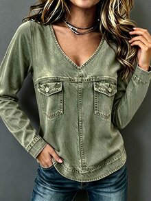 Trelyra Women's Denim Effect Print V-Neck Long Sleeve Casual Shirt - Green - View 3