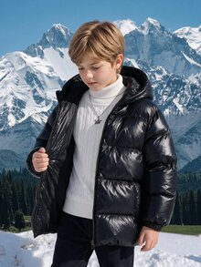 SHEIN 青少年男孩休閒舒適百搭厚款連帽外套，適合冬季穿著 - 黑色 - 查看 1