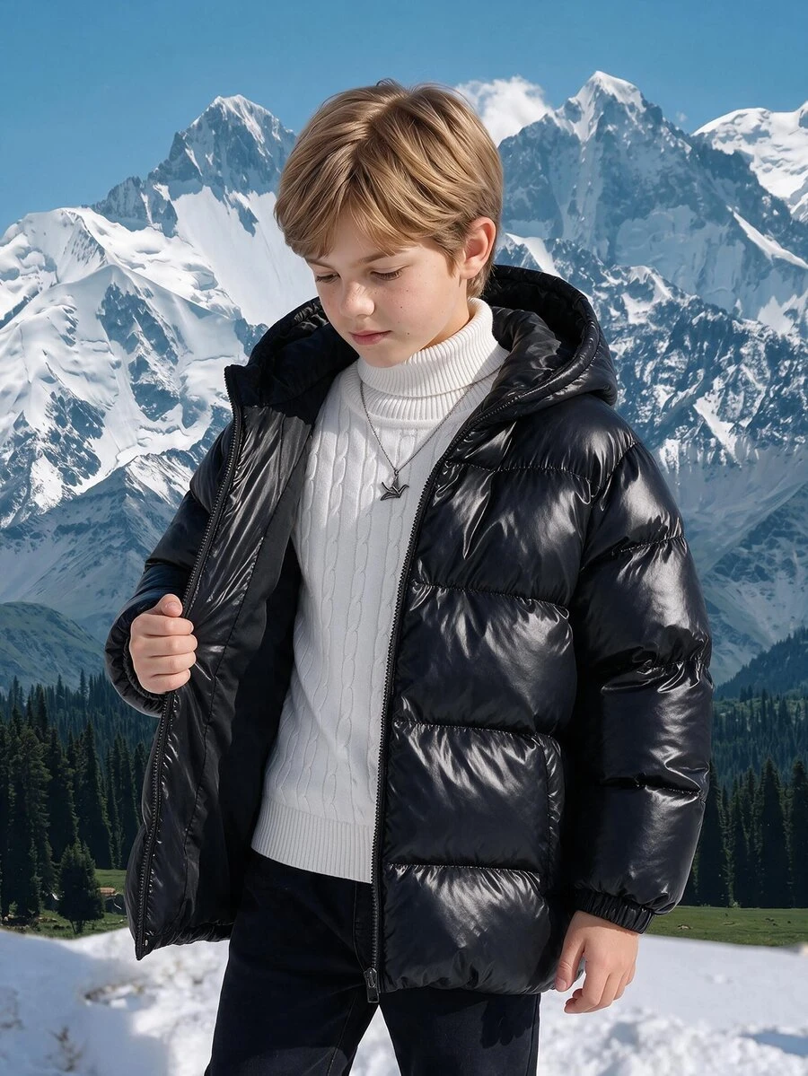 SHEIN 青少年男孩休閒舒適百搭厚款連帽外套,適合冬季穿著 - 黑色 - 查看 1