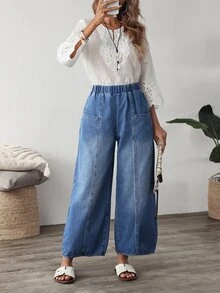 SHEIN Tall Women's Elastic Waist Pocket Casual Everyday Denim Jeans - Blue - View 3