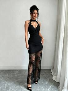 SHEIN PETITE فستان ماكسي أسود برقبة هالتر ودانتيل للنساء عصري - الأسود - مشاهدة 5