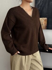 Dazy Plus V-Neck Contrast Lace Design Loose Fit Brown Vintage Sweater, New Autumn/Winter - Brown - View 9
