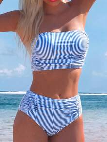Swim Lushoire Women's Solid Color Bandeau Bikini Set With Double Side Ruched Detail, Beach Summer Outfit - Multicolor - View 1