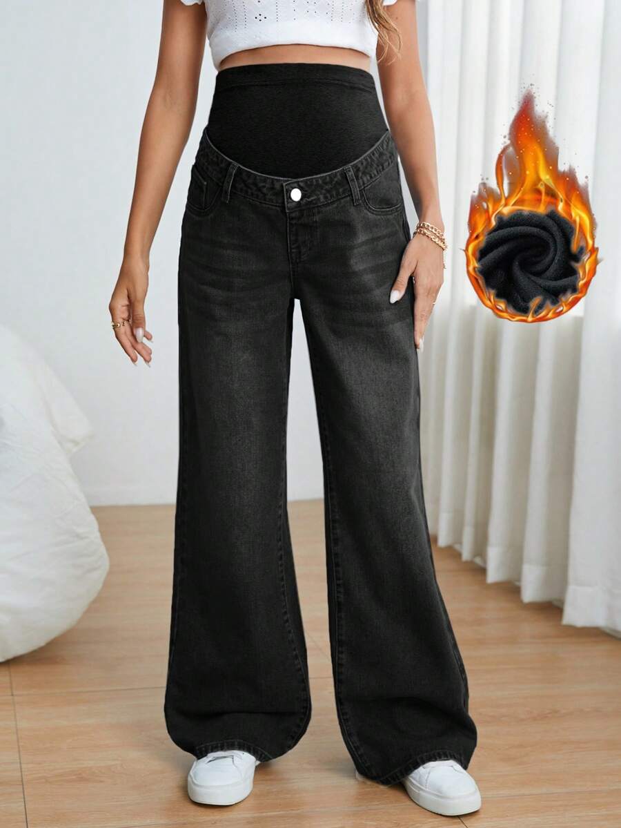 SHEIN Maternity Colorblock Casual Daily Wear Denim Jeans - Black - View 1
