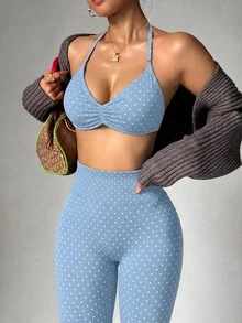 Dewbera Dewbera 女款波點印花掛脖內衣與緊身褲運動套裝 - 藍色 - 查看 2