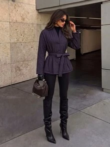 Firerie Cozy Women Winter Coat Designed With Vertical Quilted Patterns Long Sleeves And An Adjustable Waist Belt For Daily Wear Outfits - Purple - View 1