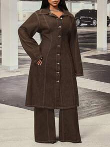Slaydiva Plus Size Women's Non-Stretch Denim Long Jacket With Hollow Back Design, Cowboy Outfits For Women - Coffee Brown - View 4