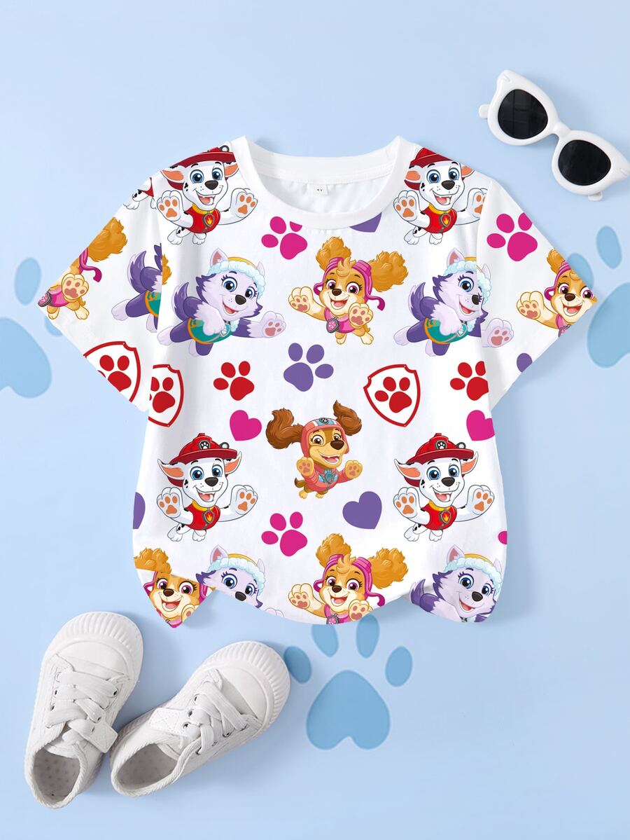 SHEIN | PAW Patrol 女童卡通印花短袖時尚T恤 - 白色 - 查看 1