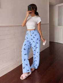 Napfluff Women's Striped Heart Print Bow Decor Waist Pajama Pants - Blue - View 6