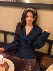 DAZY Women's Lapel Neck Long Sleeve Single-Breasted Front Tie Casual Denim Shirt - Blue - View 3