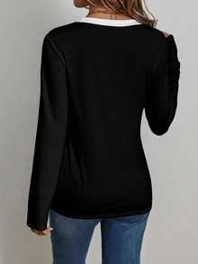 EMERY ROSE Women's Casual Simple Cotton V-Neck Long Sleeve T-Shirt, Suitable For Autumn - Black - View 2