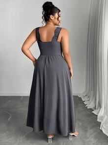 Elenzga Plus Size V-Neck Contrast Lace Strap Flared Slimming Ribbed Long Dress With Side Slit - Dark Grey - View 2