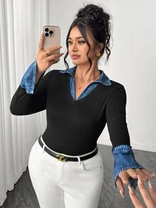 Elenzga بلوزة نسائية مقاس كبير للربيع/الخريف من الدنيم بتصميم مرقع 2 في 1 بياقة على شكل حرف V وأكمام طويلة ضيقة وأكمام جرسية أنيقة - متعدد الألوان - مشاهدة 1