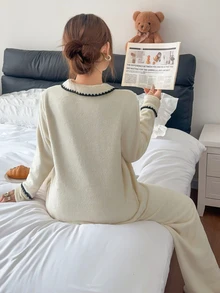 Lazeform Women's Casual Plush Trim Pajama Set - Apricot - View 2