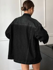 Livesso 女款西式復古做舊水洗褪色寬鬆長袖開領牛仔夾克外套 - 灰色 - 查看 2