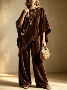 Zayélia Women's 2 Pieces Set, Autumn/Winter 2 Pieces Set, Velvet Set - Coffee Brown - View 5