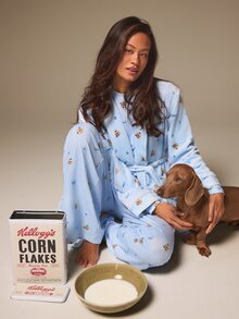 Athîral Women's Soft Flannel Dessert Print Long Sleeve Light Blue Casual Cute Home Sleepwear Robe For Autumn,Home, Sleep, Christmas ,Lounge - Blue - View 2
