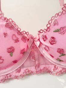 PetitDoll Girls Pink Rose Embroidered Lingerie Set, Lace Trim V-Neck Underwire Bra With Adjustable Shoulder Straps And Back Closure, 2-Piece Women's Bra And Panty Set - Pink - View 4