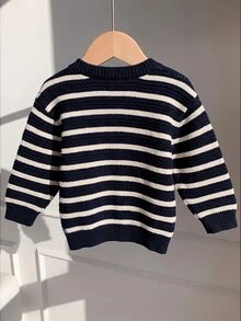 SHEIN 中性嬰兒男孩/女孩秋冬休閒可愛條紋針織開襟毛衣外套，嬰兒男孩秋冬服飾，柔軟舒適，復古風 - 彩色 - 查看 2