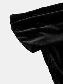SHEIN Tween Girl Commuter Fashion Elegant Black Velvet Patchwork One-Shoulder Off-Shoulder Ruffle Long Dress, Suitable For Back To School, Party, Halloween, Christmas - Black - View 6