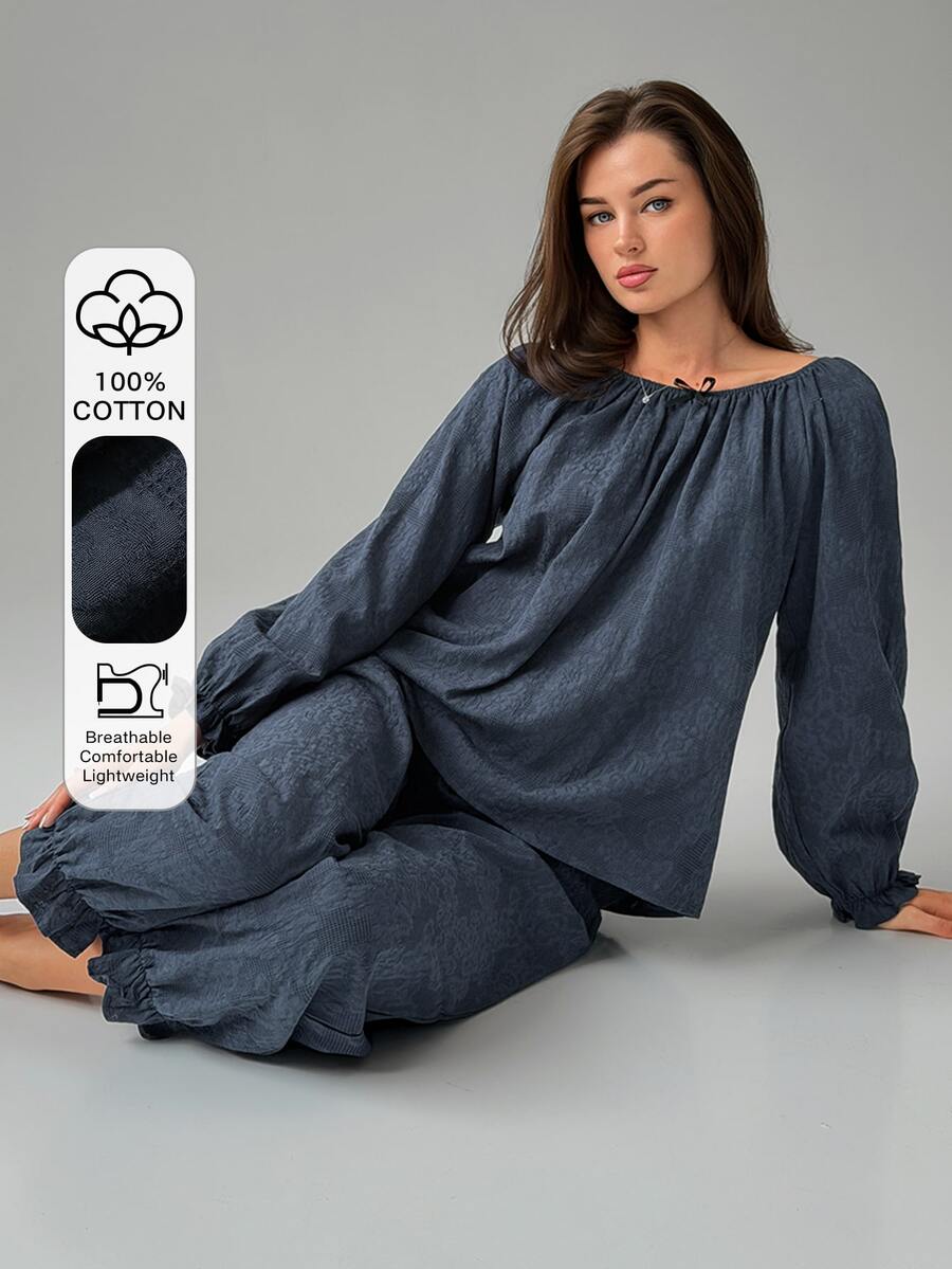 Livesso Women's Bow Decor Raglan Long Sleeve Top And Pants Pajama Set - Navy Blue - View 1