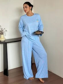 Dazy Plus 3pcs Striped Loose Long Sleeve Top & Pants Loungewear Set, Spring/Autumn New Pajama Set - Blue - View 6