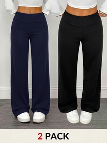 SHEIN PETITE 2pcs Women's Casual Minimalist High Waist Folded Wide Leg Straight Long Pants Suitable For Summer - Multicolor - View 1
