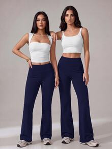 SHEIN Tall Women's Solid Color Slim Fit Versatile Daily Wear Flare Pants - Navy Blue - View 2